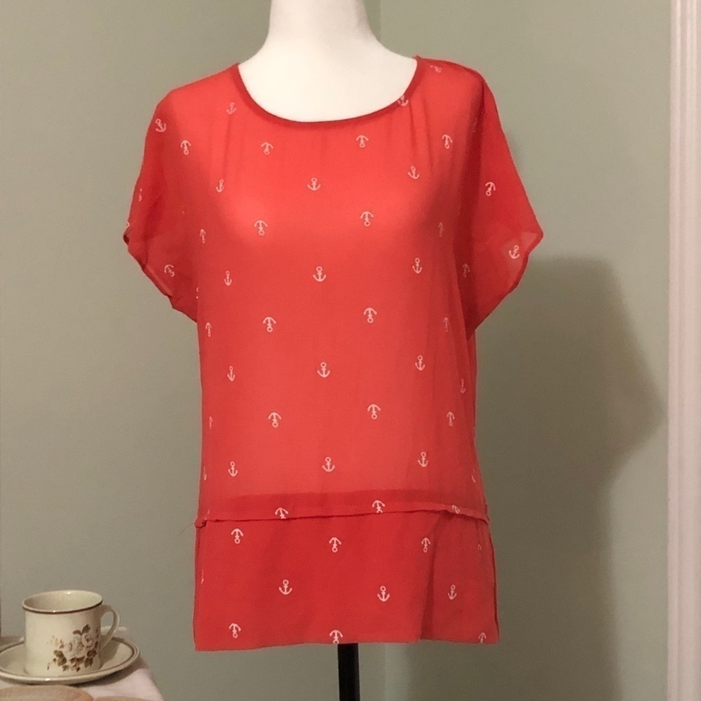 🖤 S 🖤 Coral Nautical Anchor Pattern Blouse Twist Back Peplum​